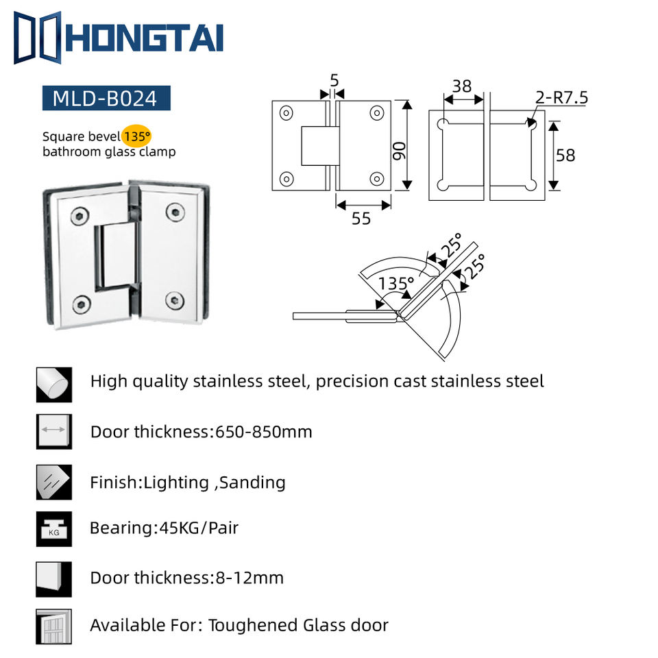 Stainless Steel Modern 135 Degree Glass Door Hinge Square Bevel Soft ...