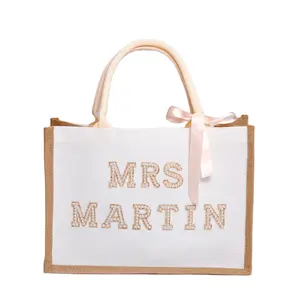 Customized White Pearls Bride Tote Bag For Bachelorette Bridal Shower Or Honeymoon Beach Mrs. Bride Gift Set
