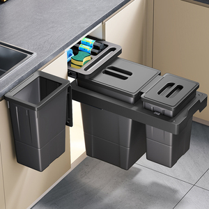 Poubelle de cuisine double coulissante sous meuble à fermeture douce pour l'organisation des déchets de cuisine, <span class=keywords><strong>gris</strong></span> - Product Image 4