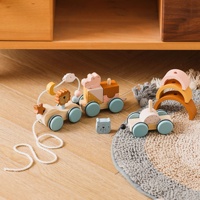 Juguete de madera multifuncional de gran venta: Carrito pequeño con león, cuentas giratorias y cuerda para tirar, juguete para el desarrollo de la manualidad y la inteligencia.