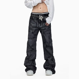 Black Washed Flare Jeans for Men Vintage Streetwear Denim Pants Mid Waist Regular Fit - Product Image 5
