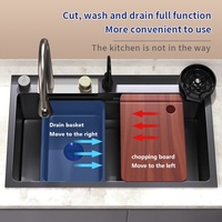 Évier de cuisine moderne de luxe, ensemble de robinet cascade à cuve unique, acier inoxydable, carré, noir, sous plan, intelligent, multifonction