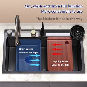 Fregadero de Cocina Moderno de Lujo con Grifo en Cascada de un Solo Tazón, Acero Inoxidable, Cuadrado, Negro, Empotrado, Inteligente y Multifuncional - Product Image 4