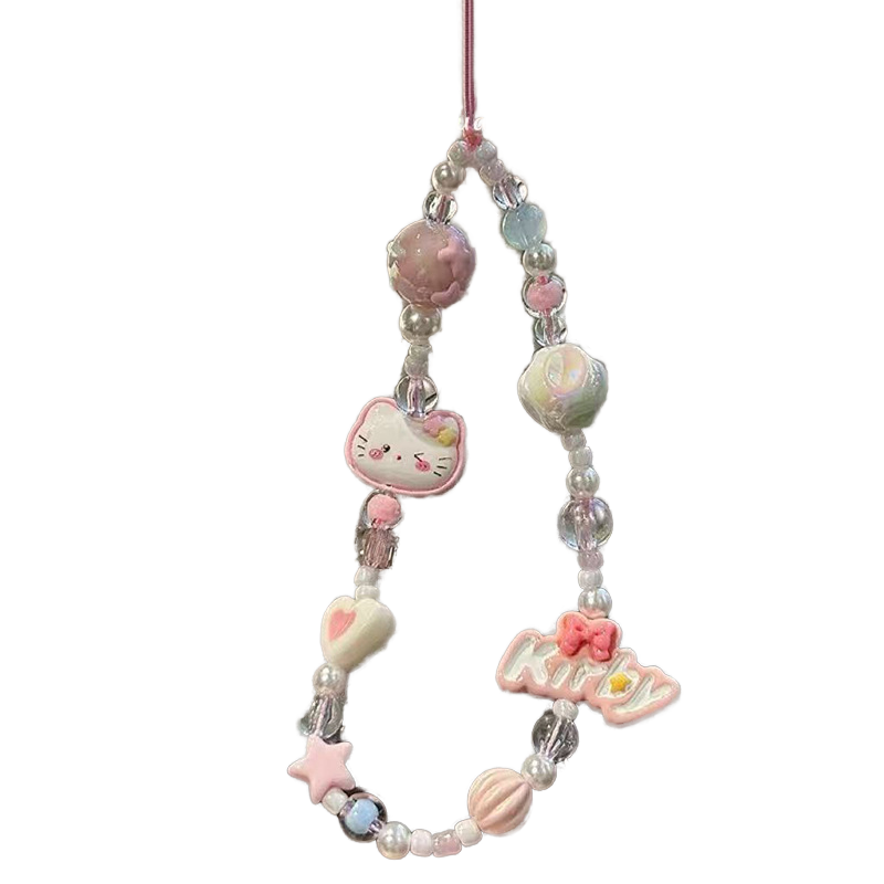 Phone Bracelet Charm Pink <strong>Hello</strong> <strong>Kitty</strong> Beaded Phone Lanyard Cute Keychain Wallet Phone Case Lanyard Accessory for Girls