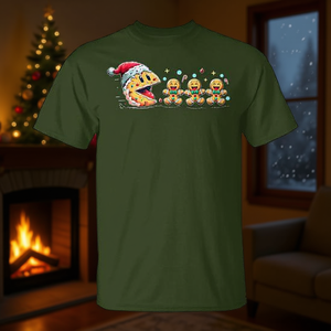 Camiseta Navideña de Pac-Man Persecuyendo a Gingerbread, Unisex para Adultos, Manga Corta, Cuello Redondo, Impresión Digital, Diseño de Videojuegos - Product Image 2