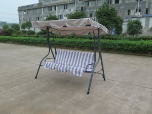 Fauteuil balançoire de jardin 3 <span class=keywords><strong>places</strong></span> avec coussin rayé et auvent métallique imperméable pour terrasse extérieure ou véranda - Product Image 6