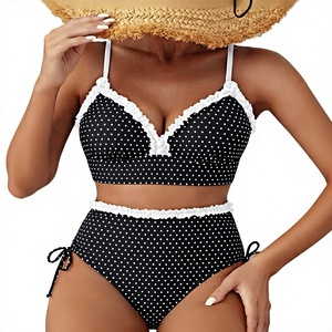 Ensemble bikini femme à pois, taille haute, haut push-up avec volants, en spandex et polyester, maillot de bain 2 pièces style crop top - Product Image 1