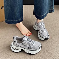 Baskets Chunky Argentées pour Femme à Talon Mi-Haut, Chaussures Athlétiques Décontractées en Maille, Style Plateforme Tendance Printemps-Automne