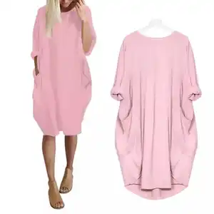 Womens Plus Size Lente Lange Mouw Zakken Hoodie Losse Baggy Midi Jurk Effen Kleur Crew Neck Oversized Losse Tuniek Tops s-5XL