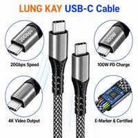 Kabel USB 3.2 Gen 2x2 Type-C LUNG KAY 20Gbps 100W PD 4K Video, Kabel Data Berlapis Nilon Terproteksi untuk MacBook SSD Monitor, OEM Grosir