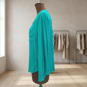 Camisa Casual de Algodón 100% Ecológica Vintage para Mujer |   Camisa con Cuello Mao, Manga Larga, Color Verde Everglade, Calidad Premium - Product Image 3