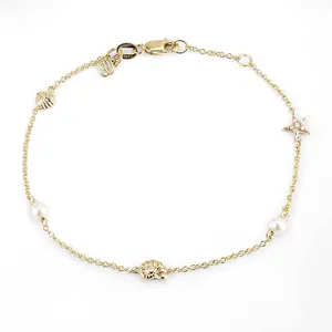 Gemnel Dainty Pearl Bracelet for Women14K Gold Shells S925 Chain Bracelet with Diamonds Cute Sea Shell Bracelet