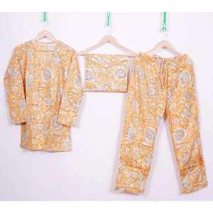 Pyjama décontracté pour femme en satin 100 % coton, imprimé à la main, taille élastique, respirant, manches longues, collection automne - Product Image 1