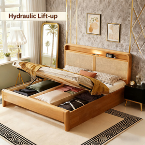 Modern Rubber Wood Hydraulic Lift <b>Storage</b> <b>Bed</b> 150x200cm Rattan Headboard Hand USB Port Night Light Eco-Friendly OEM MC005 OEM & - Product Image 1