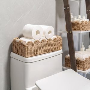 Paper Rope Scalloped Edge Toilet Paper <b>Storage</b> <b>Basket</b> <b>Rectangular</b> Bathroom Decor Woven <b>Basket</b> With Handles For Over Toilet - Product Image 4