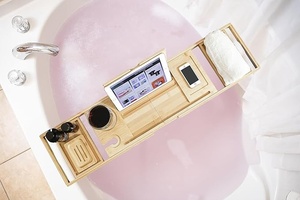 Plateau de baignoire pliable <span class=keywords><strong>et</strong></span> extensible en bois écologique fait main sur mesure avec logo personnalisé pour <span class=keywords><strong>bain</strong></span> de luxe, couleur bois naturel, style américain - Product Image 4