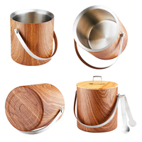 Seau à glace rustique en acier inoxydable à double paroi isolé, motif grain de bois, 1,4/2/3 L, avec poignée de transport, pour vin et bière, avec couvercle en bois et pince.
