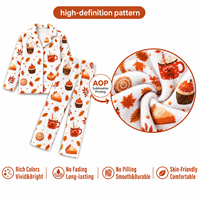 Ensemble de pyjama en flanelle pour femme, vêtements de nuit d'automne pour Thanksgiving, ensemble de pyjama en polaire à manches longues boutonnées avec pantalon, imprimé feuille d'érable AOP
