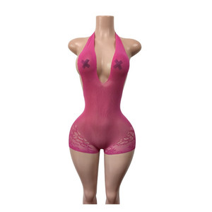 Jiubaju Tuta Aderente Sexy in <span class=keywords><strong>Pizzo</strong></span> Trasparente 2026 Nuova Moda con Scollo a V Profondo e Halter, Tuta Intera con Schiena Scoperta per Feste Notturne e Club - Product Image 2