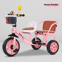 Tricycle double pédale pour enfants, design poussette jumelle pour accueillir confortablement deux enfants