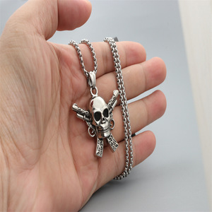 yunnique Skeleton Pendant Stainless Steel Fashionable Silver Black Men's Necklace With Cross Guns Design - Product Image 4