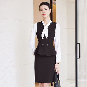 Elegant Peplum Vest Dress With Tie Neck For Professional Workwear Commuting To Work Anti Wrinkle Woven Fabric - Product Image 3