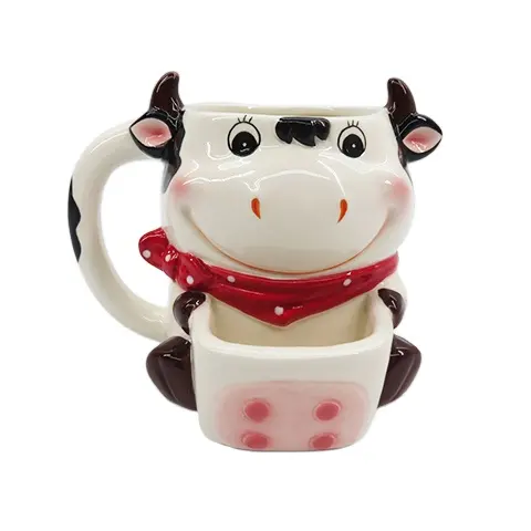 ビスケットホルダーダンクマグ付き手描きクッキーマグカップ、3D牛の形の磁器ミルクティーカップ