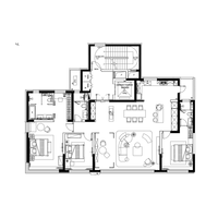 Plan d'étage d'un appartement français moderne, 4 chambres, salon, salle à manger, cuisine, bureau, rendu 3D