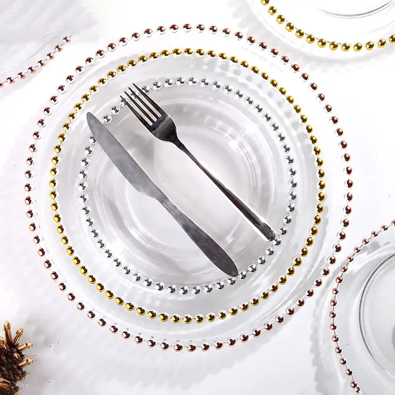 Прозрачные Свадебные золотые стеклянные тарелки оптом серебряные бисерные зарядные тарелки набор посуды для свадебного украшения