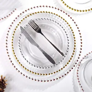 Clear Wedding Gold Glass Plates Wholesale Silver Beaded Charger Plates Dinnerware Set For Wedding Decoration