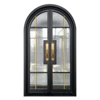 Elegante Puerta Doble de Entrada de Hierro Forjado con Arco, Manijas Doradas, Diseño Moderno para Villa, Exterior Antirrobo, Galvanizada