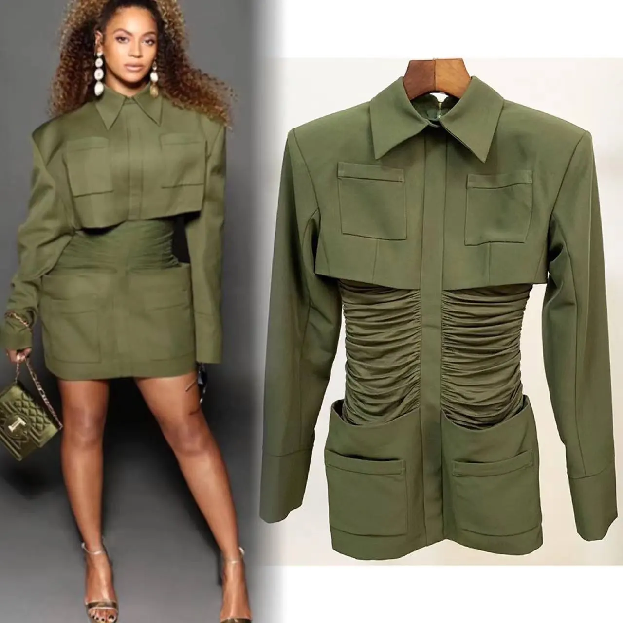 High quality Long sleeve pocket shirt dress mini dress olive green blazer street style ruched corset runway dresses