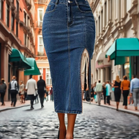 Jupes midi en jean pour femmes, longues, en denim, avec fente latérale à la cuisse, poches, taille haute extensible, coupe crayon, bleu foncé, taille XL, lavage en machine, importées