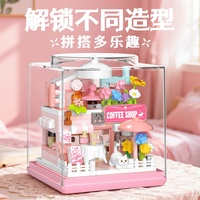 Blocs de construction miniatures pour la boutique Flower Cat Cafe, kit de maison de poupée miniature avec housse anti-poussière, blocs empilables pour vue sur la rue
