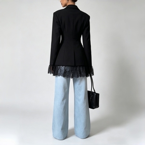 Blazer Nero da Donna <span class=keywords><strong>con</strong></span> Dettagli in <span class=keywords><strong>Pizzo</strong></span> e Bottoni - Giacca Elegante Slim Fit a Maniche Lunghe per Ufficio e Streetwear - Product Image 3