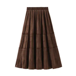 Falda larga plisada de terciopelo para mujer, falda elegante de corte A, de cintura alta, Estilo Vintage, de Color liso, para Otoño e Invierno