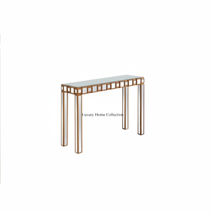 Table Console en verre et métal de forme longue avec 4 pieds en acier inoxydable couleur or fabriqué à l'aspect attrayant fourniture de meubles de salon - Product Image 1