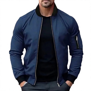 Chaqueta Bomber Azul Marino para Hombre, Corte Ajustado, Marca Mego Industry, con Cierre, Patrón Geométrico, Casual, Resistente al Viento, Transpirable, de Lona, para Otoño - Product Image 1