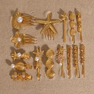 Acero inoxidable sin deslustre, concha marina chapada en oro, estrella de mar, estrella de mar, horquillas para niñas - Product Image 1