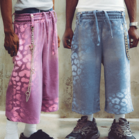 Shorts culottes en jean tissé léopard pour homme, taille mi-haute, avec cordon de serrage, coupe large, délavé à l'acide, style streetwear décontracté, 220g, logo frontal