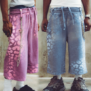 Shorts culottes en jean tissé léopard pour homme, taille mi-haute, avec cordon de serrage, coupe large, délavé à l'acide, style streetwear décontracté, 220g, logo frontal - Product Image 5