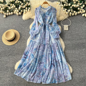 Abito Elegante Stampato dallo Stile Femminile, a Maniche Lunghe <span class=keywords><strong>con</strong></span> Lacci in Vita e Design Aderente, Ideale per un Look da Vacanza - Product Image 3