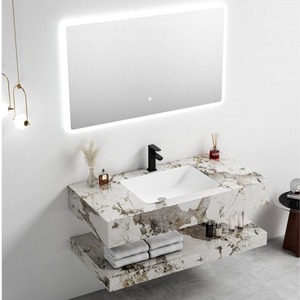 Meuble-lavabo mural CR Pandora 100 avec miroir rétroéclairé, plan de travail en pierre grise et vasque en céramique intégrée - Product Image 1