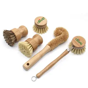 Solid Wood Pot Brush Long Handle Kitchen Cleaning Brush Bamboo Kitchen Scrub Dishwashing Brush Set Kitchen Cleaning Tool