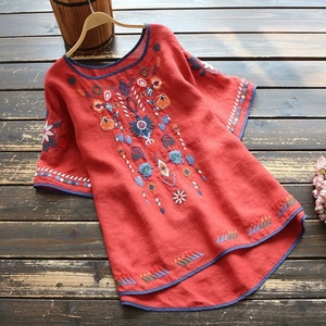 T-shirt à manches courtes pour femme, style ethnique, en coton et lin brodé, rétro, <span class=keywords><strong>littéraire</strong></span> et artistique, ample et polyvalent, pour l'été - Product Image 3