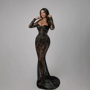 Avrupa ve amerikan Modern dantel kayış düz renk zemin uzunlukta elbise kıyafeti Trim eklenmiş yaka uzun kollu Slim Fit elbise - Product Image 2