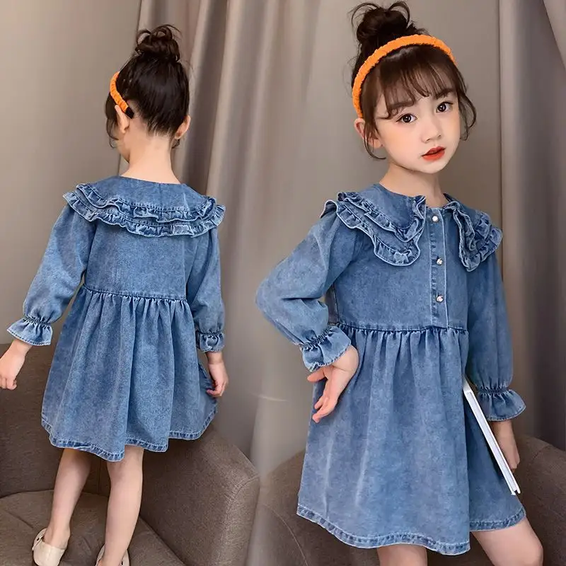 Denim jeans factory kids clothing long sleeved spring autumn double collar kids dress for baby girls