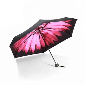 轻质阳伞超级迷你uv涂层太阳伞5折叠胶囊雨伞红色花朵印花