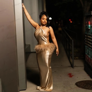 Robes de soirée Aso Ebi dorées pour anniversaire, dos nu, style sirène, col halter, Vestidos De Elegantes 2025, robes de bal personnalisées - Product Image 3