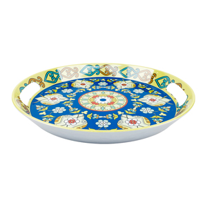 Plateaux de service en plastique de modèle de décalque de <span class=keywords><strong>fleur</strong></span> colorée de forme ronde plateaux de mélamine avec la poignée - Product Image 6